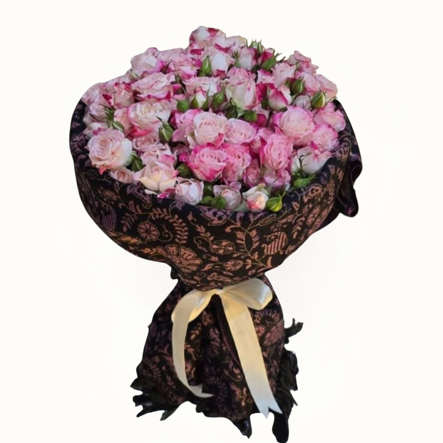 Pink Bouquet of pink and white flowers wrapped in black lace with a white ribbon