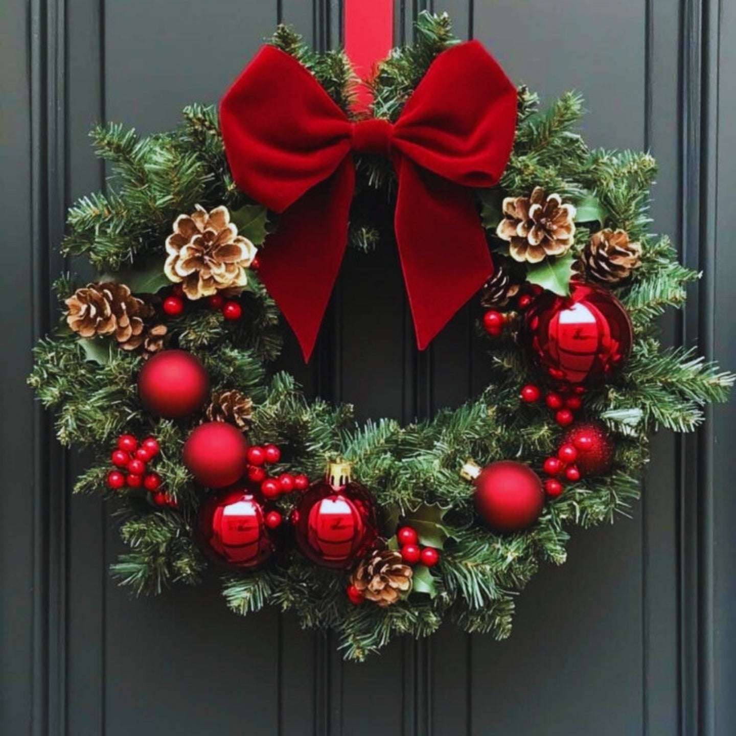 Christmas wreath with red bow and decorations on a dark background