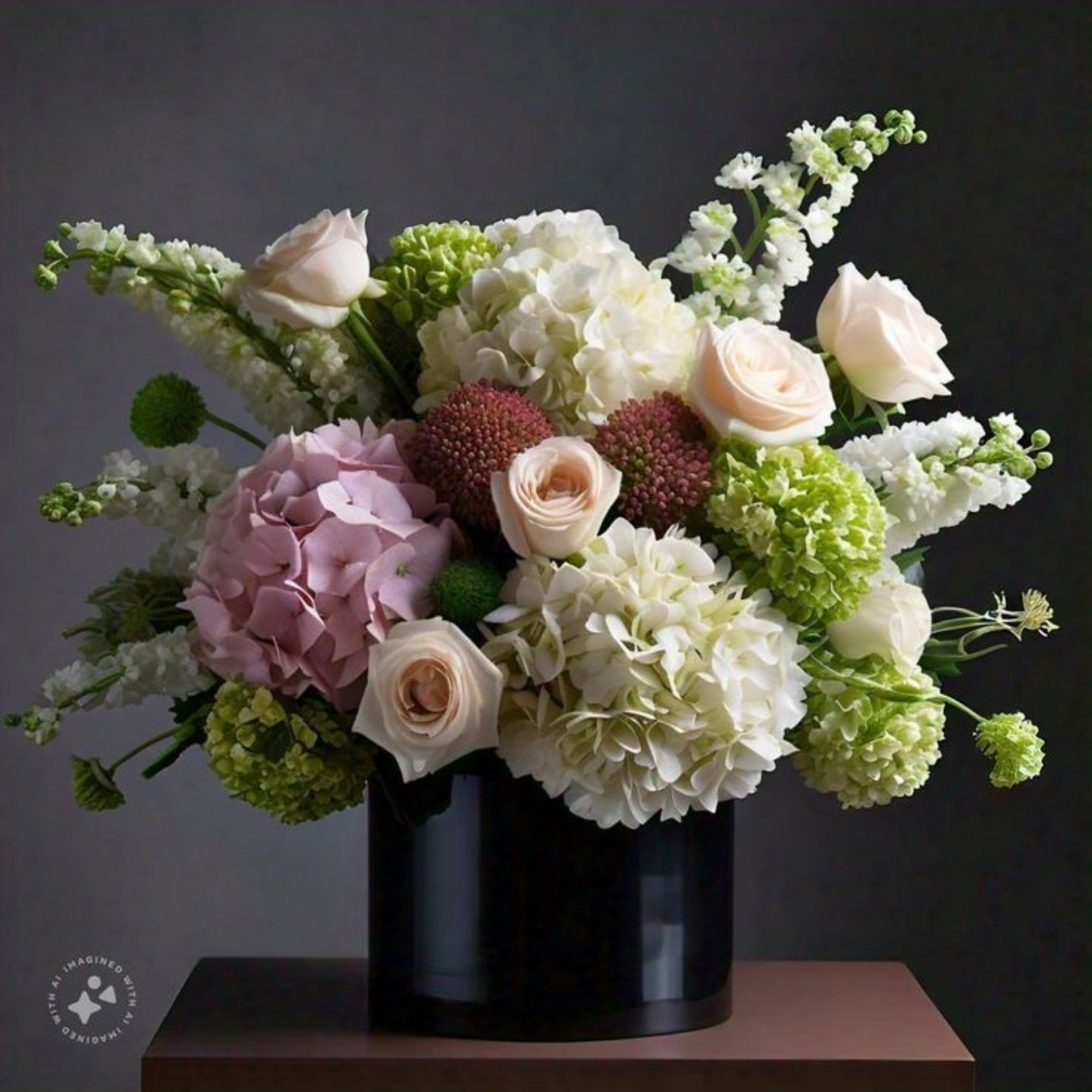 Floral arrangement with pink, white, and green flowers in a black vase on a dark background