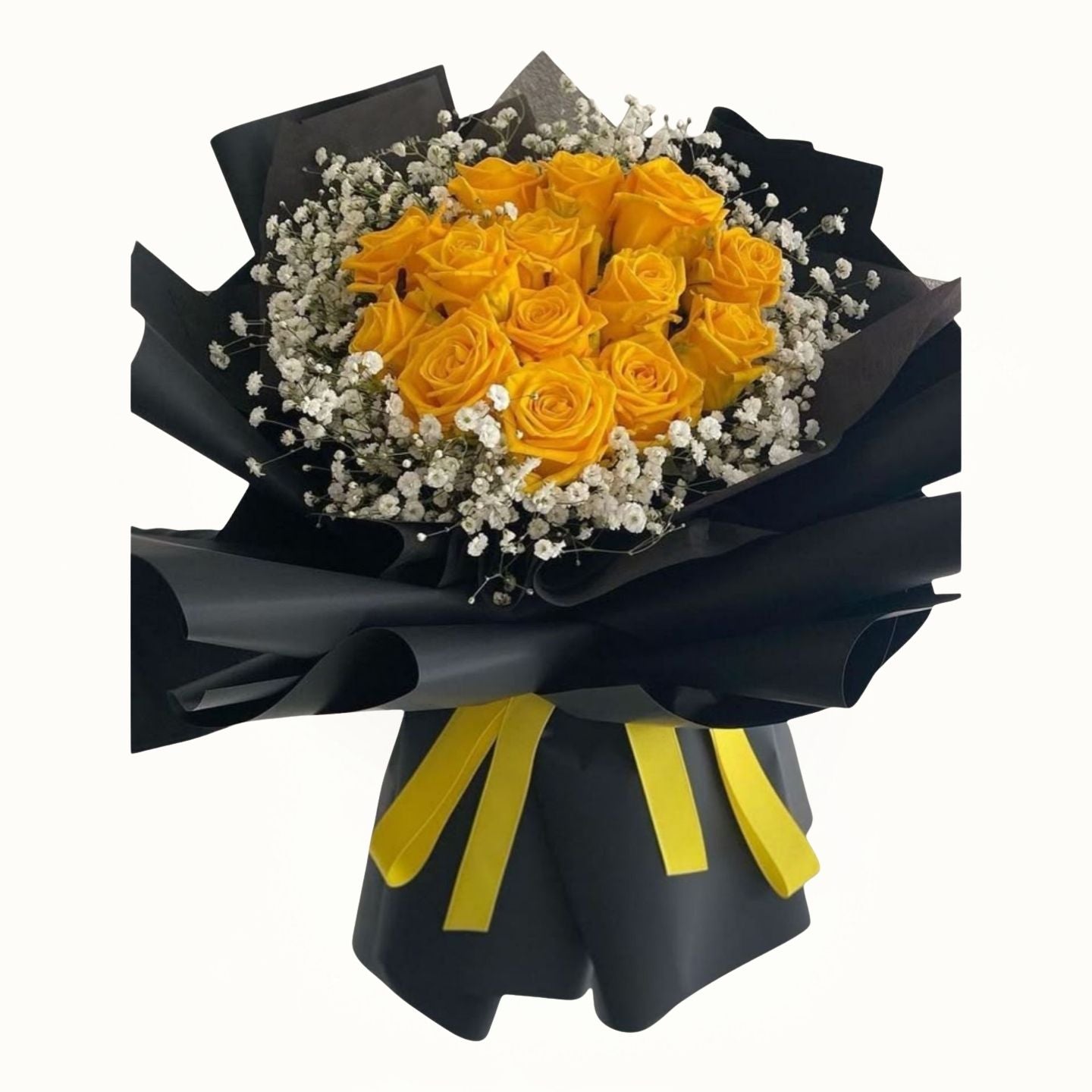 Bouquet of yellow roses wrapped in black paper with a yellow ribbon on a white background
