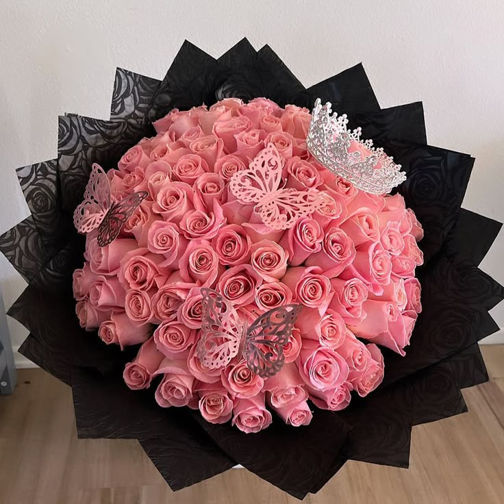 Pink Roses bouquet with white queen crown and black wrapping