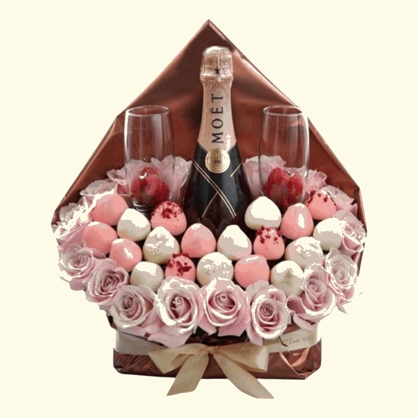Bouquet with Moet champagne, glasses, and pink roses on a white background