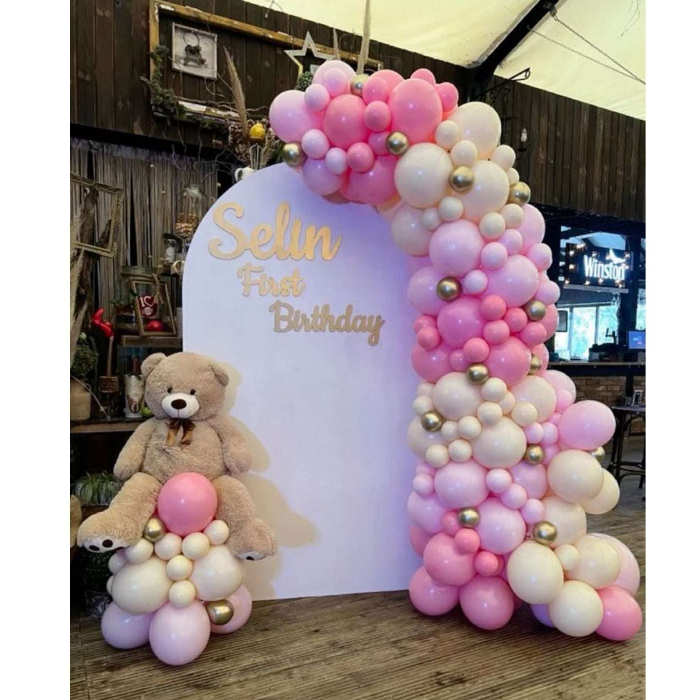 Pink and White balloon birthday setup in dubai