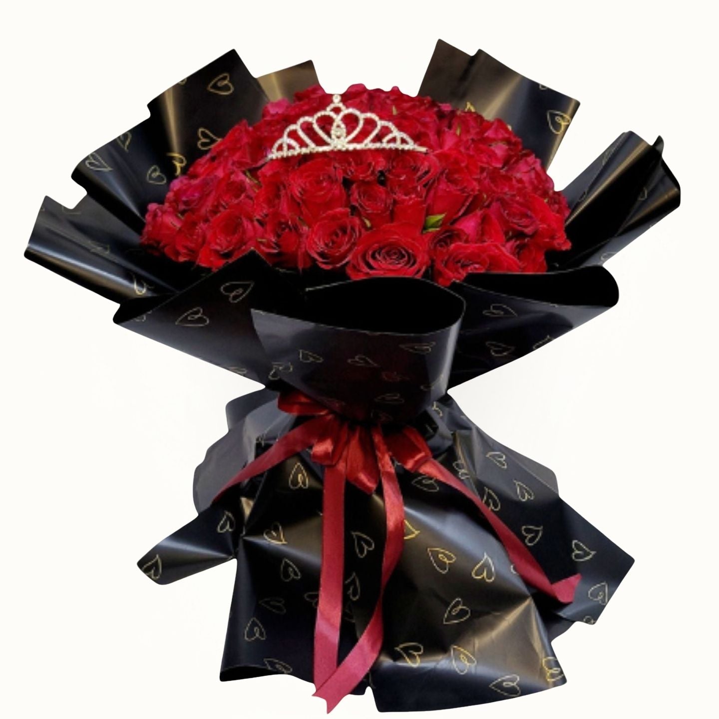 25 Red Roses Bouquet With Princes Crown | Black Flower Bouquet