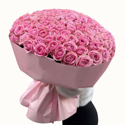 Bouquet of pink roses in a pink wrap on a white background
