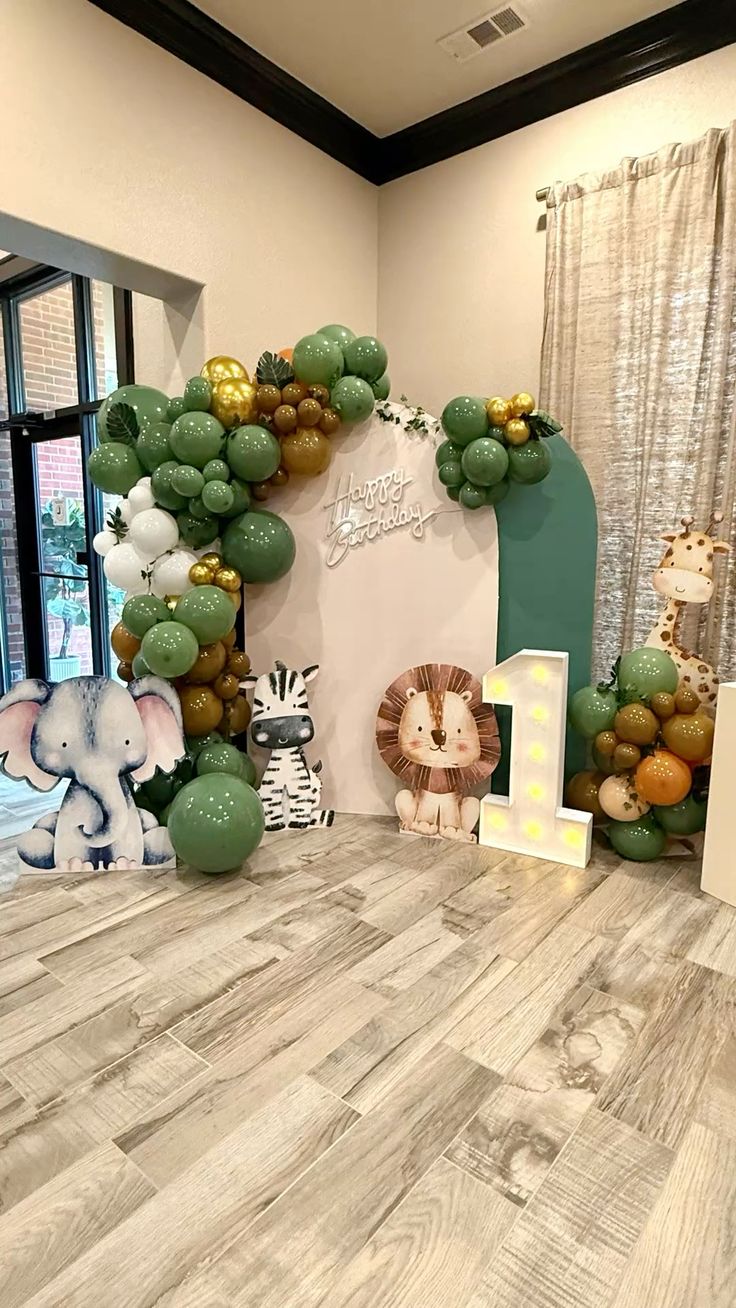 Green, White and Barron balloons setup 