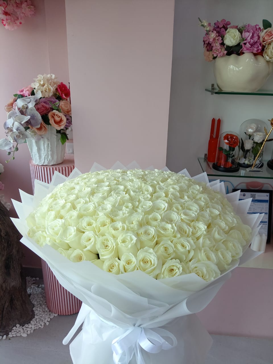 200 white roses flower bouquet with white wrapping 