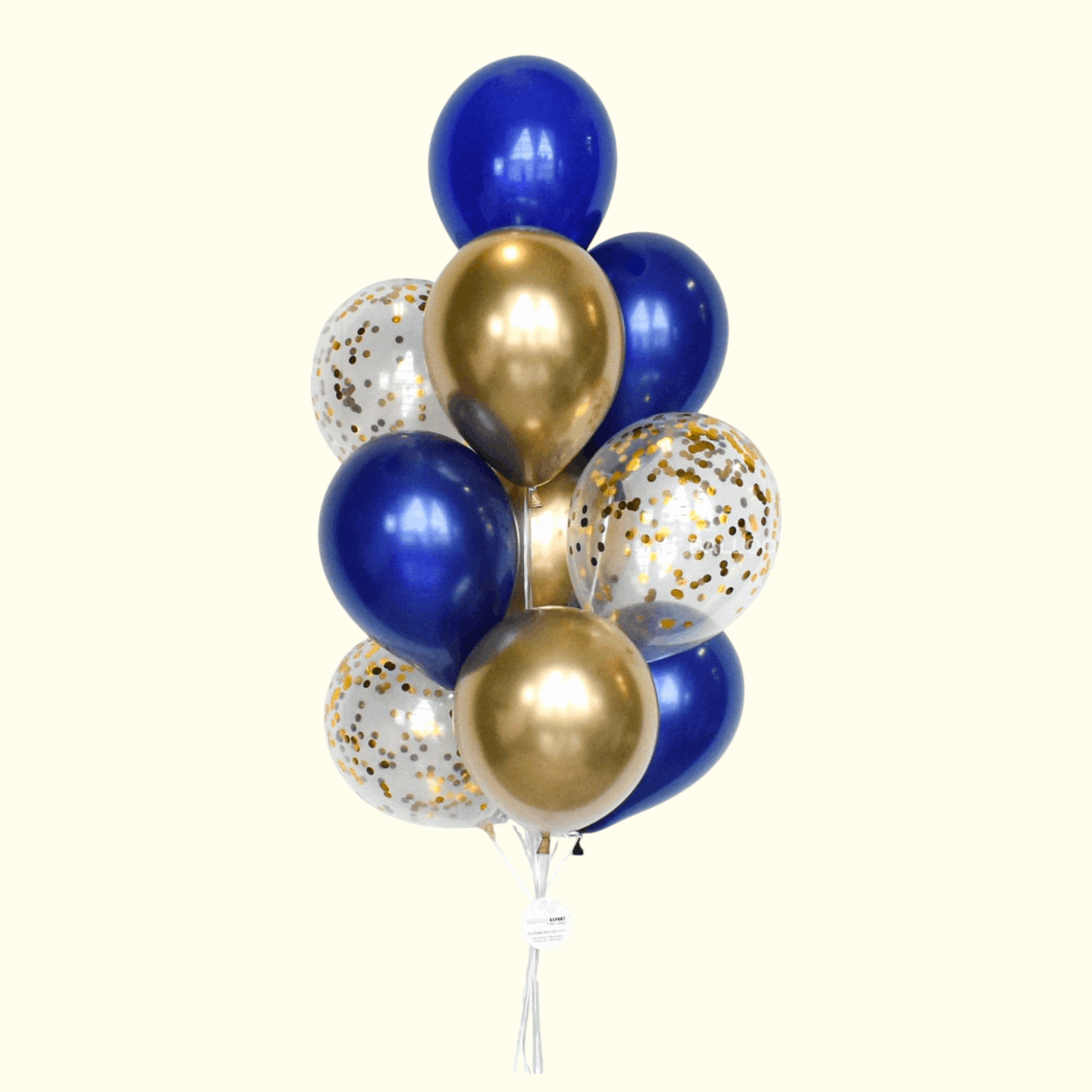 Bouquet of blue, gold, and clear balloons with confetti on a white background