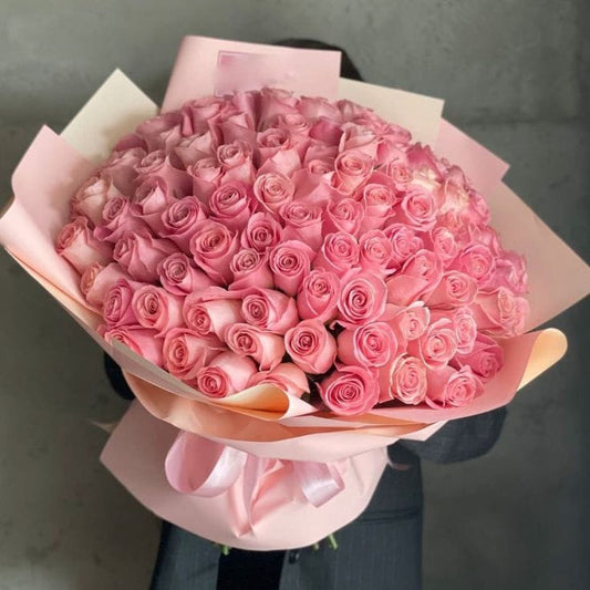 50 Pink Roses bouquet with pink wrapping 