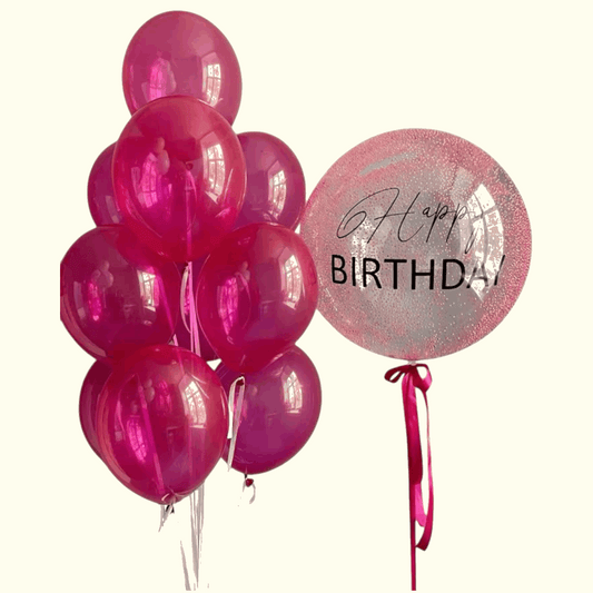 Pink balloons with a 'Happy Birthday' balloon on a white background
