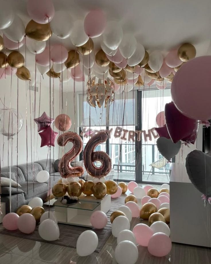 26 Birthday Setup with pink and white  balloons