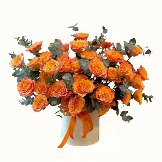 Bouquet of orange roses with greenery in a white container on a white background