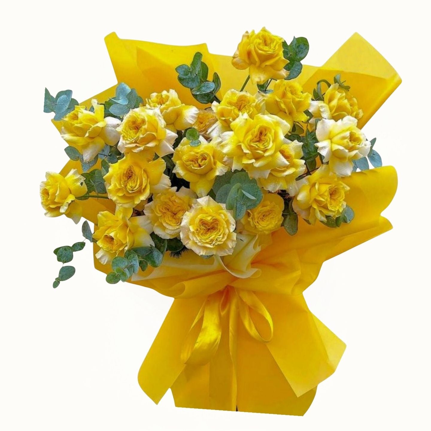 Bouquet of yellow and white flowers wrapped in yellow paper on a white background