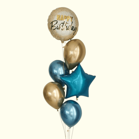 Balloon bouquet with 'Happy Birthday' balloon, gold and blue stars, and metallic balloons on a white background