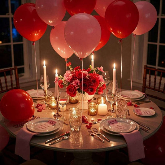 Dining table set for a romantic dinner with red and pink balloons, candles, and flowers.