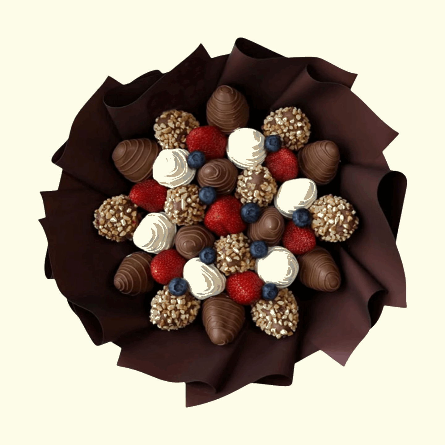Chocolates arranged in a bouquet-like display on a beige background