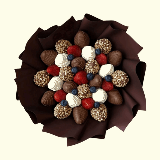 Chocolates arranged in a bouquet-like display on a beige background