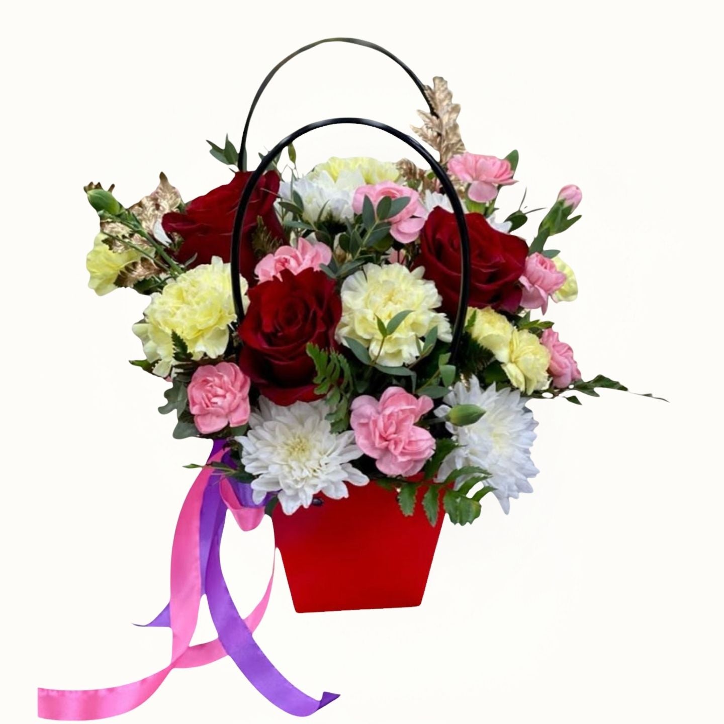 Colorful flower arrangement in a red basket with ribbons | Mix Flower Basket Arrangement Dubai, UAE 