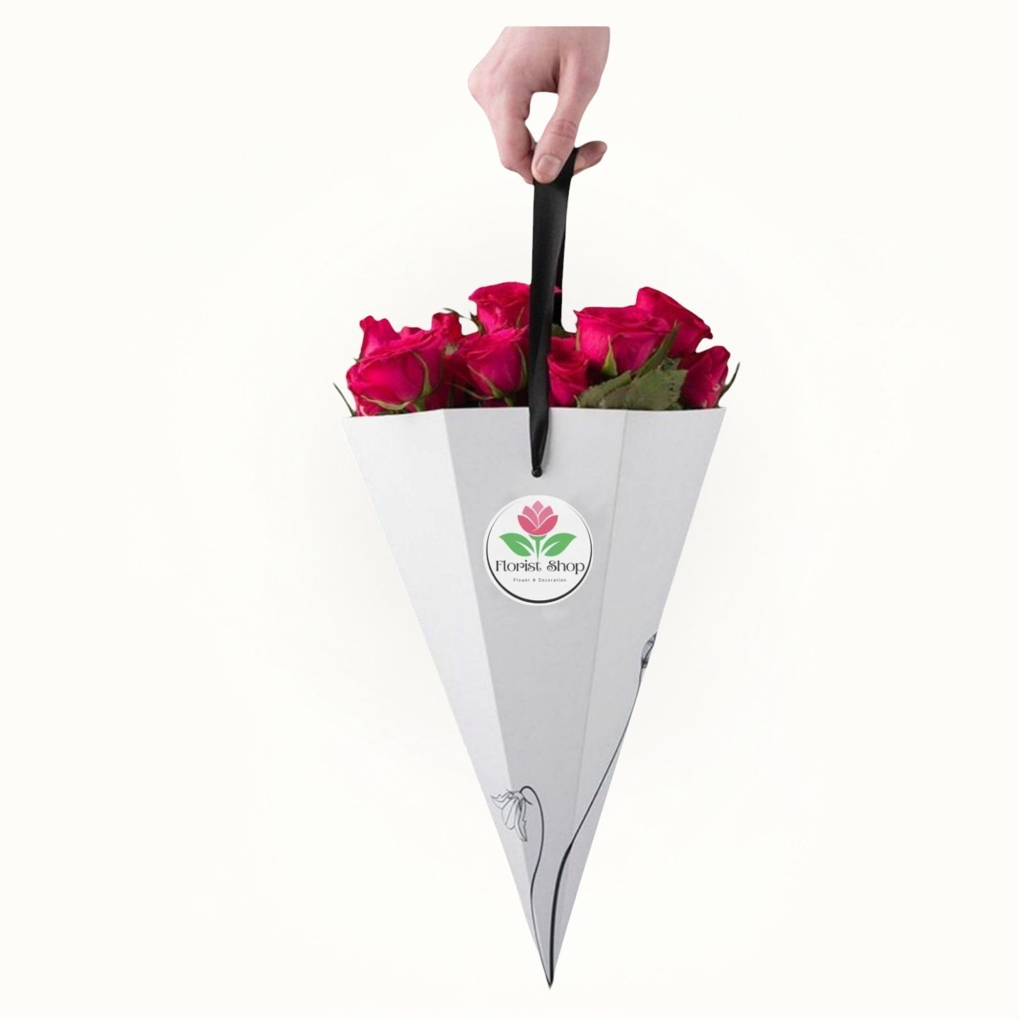 White cone-shaped flower holder with red roses 