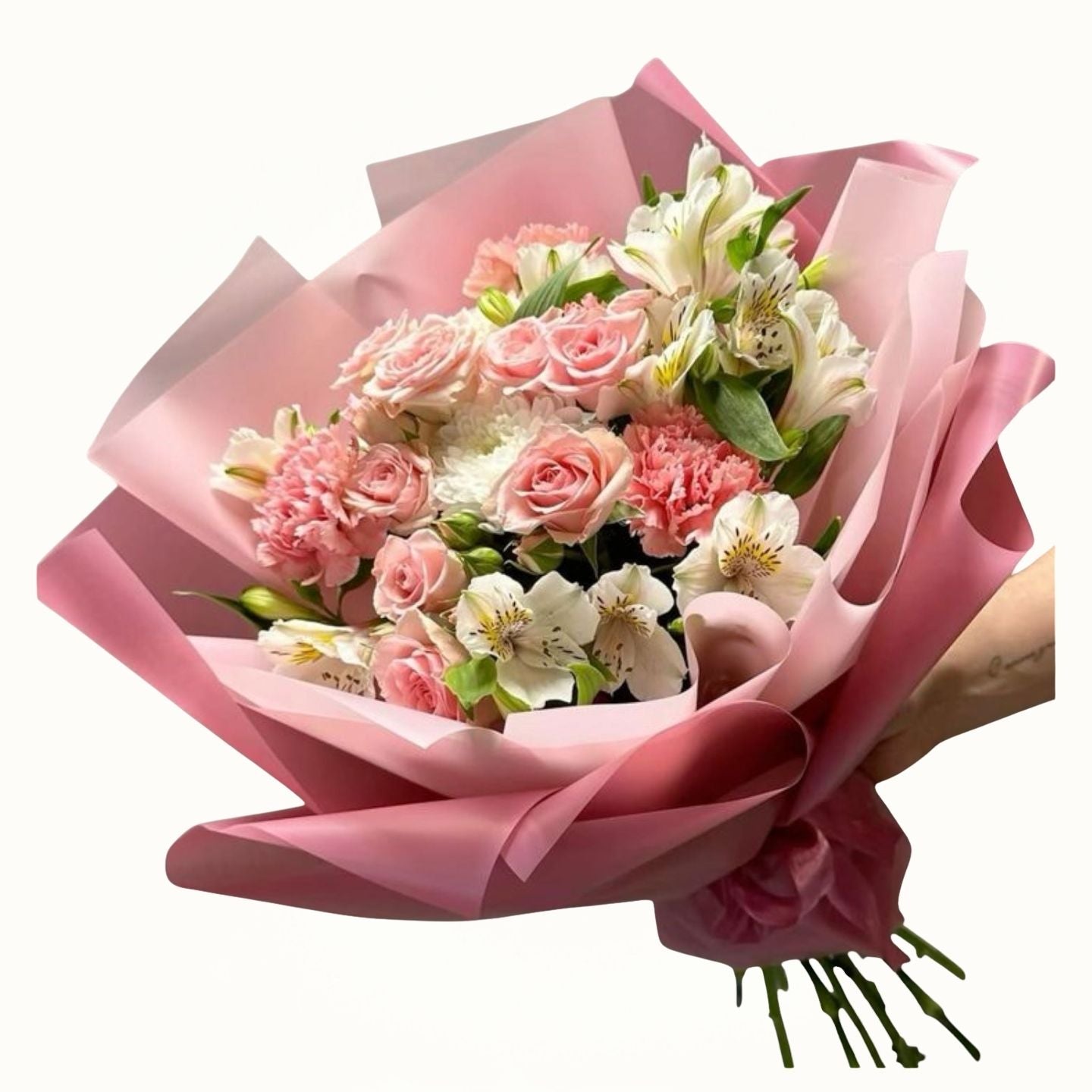 Bouquet of pink and white flowers wrapped in pink paper, Flower Bouquet Arrangement 