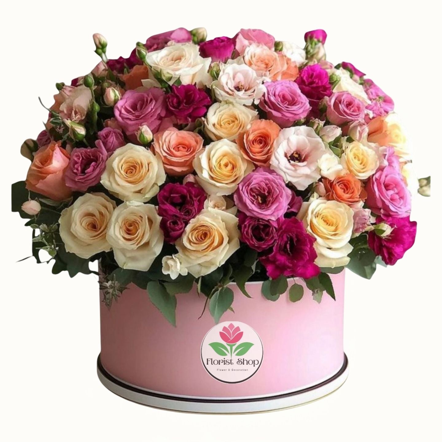 Colorful bouquet of roses in a pink box with 'Florist Shop' logo.