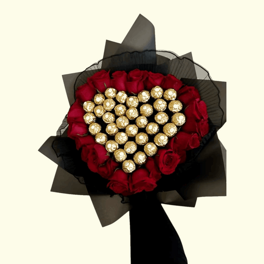 Bouquet of red roses with a heart-shaped arrangement of gold candies on a beige background