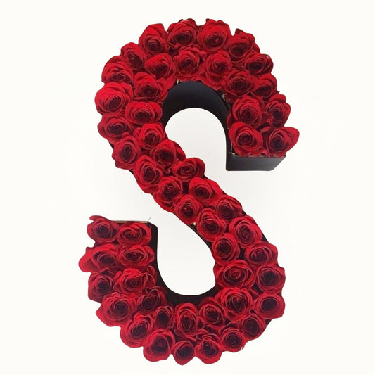 Letter 'S' made of red roses on a white background