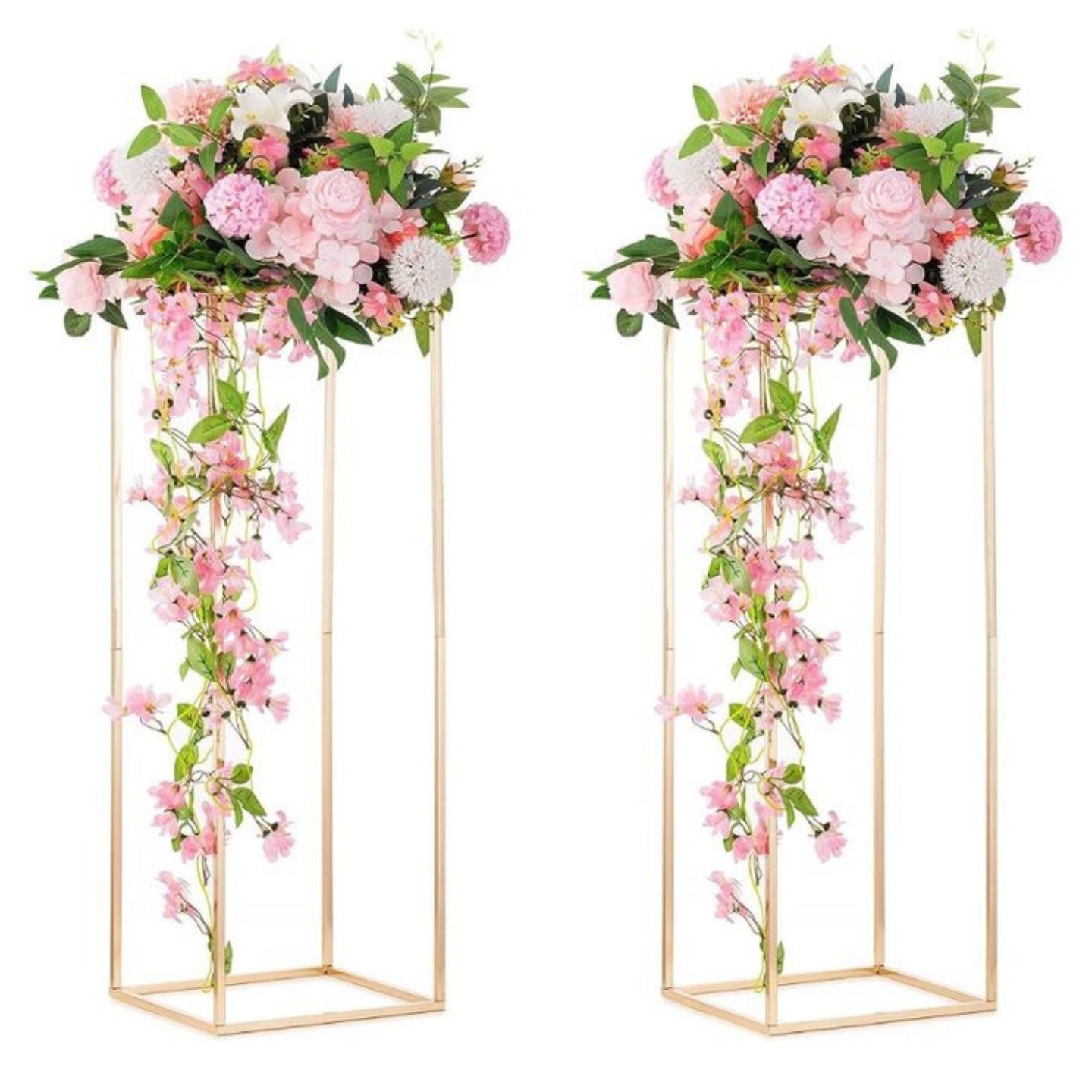 Two floral arrangements on gold stands against a white background