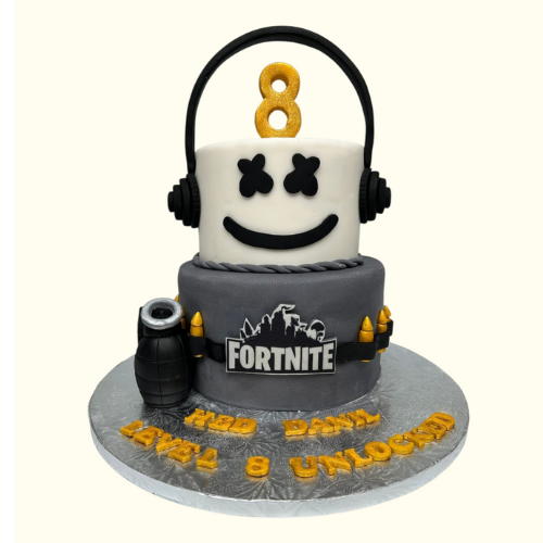 Cake with Fortnite theme featuring a character with headphones and a 'Level 8 Unlocked' text.