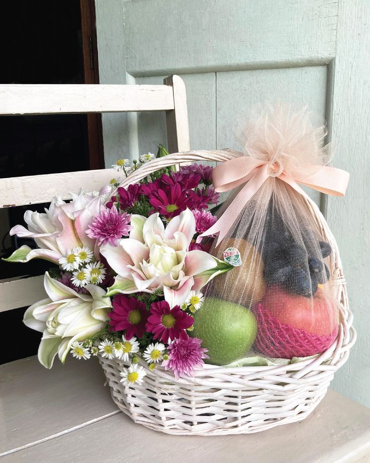 Fresh Fruit Gift Basket with Flowers in DUbai, UAE