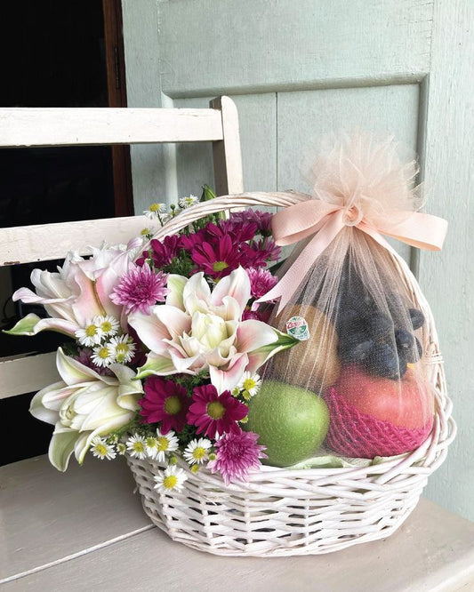 Fresh Fruit Gift Basket with Flowers in DUbai, UAE