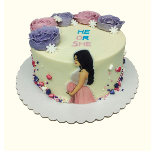 Gender reveal cake with a pregnant woman figure and floral decorations on a white background
