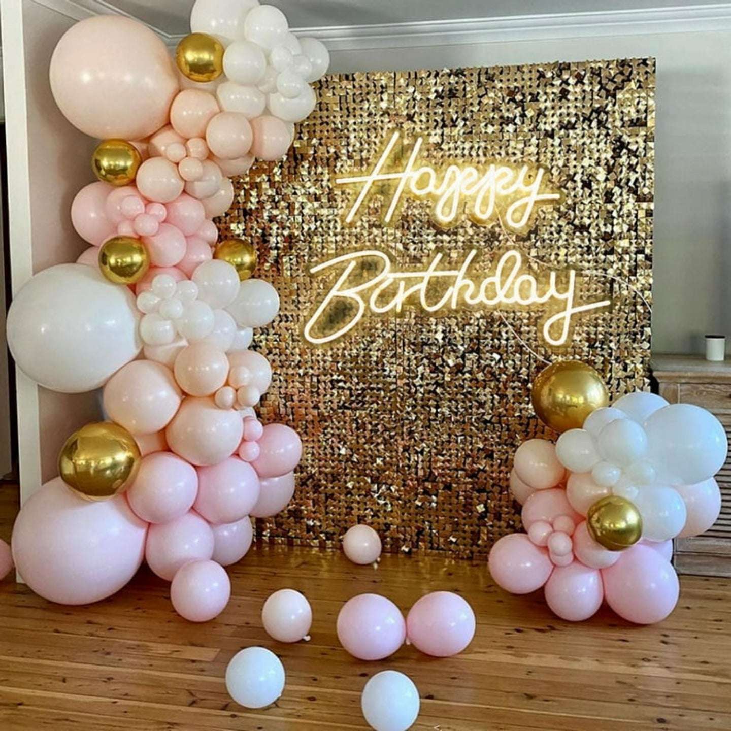 Golden, Pink and White Balloon Birthday Setup in Dubai, UAE