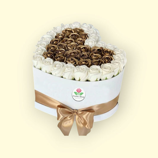Golden, white roses, Heart Flower Box in Dubai