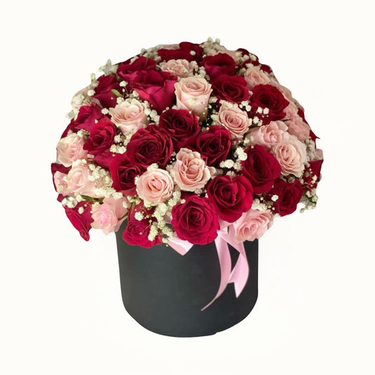 Bouquet of red and pink roses in a black box with a pink ribbon on a white background