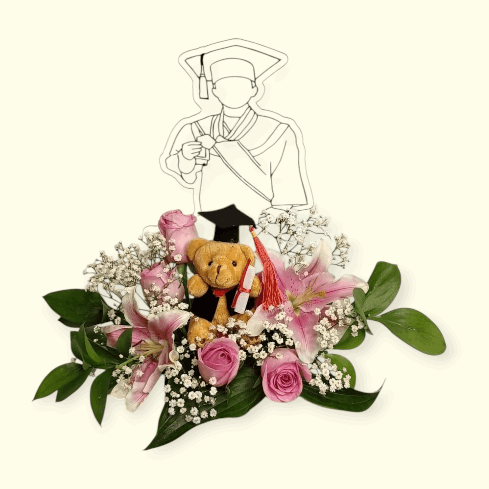 Graduation-themed arrangement with a teddy bear, flowers, and a outline of a graduate on a white background.