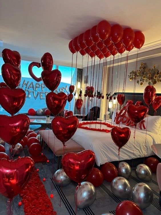 Red and Silver balloons Anniversary Setup in Dubai, UAE