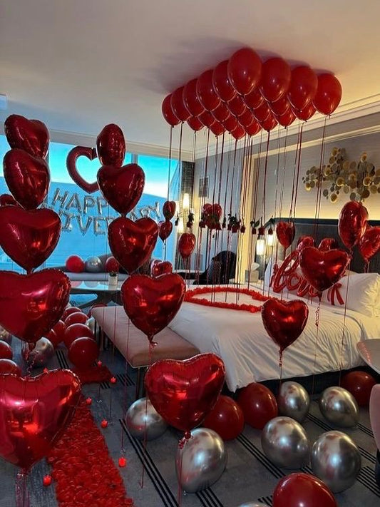 Red and Silver balloons Anniversary Setup in Dubai, UAE