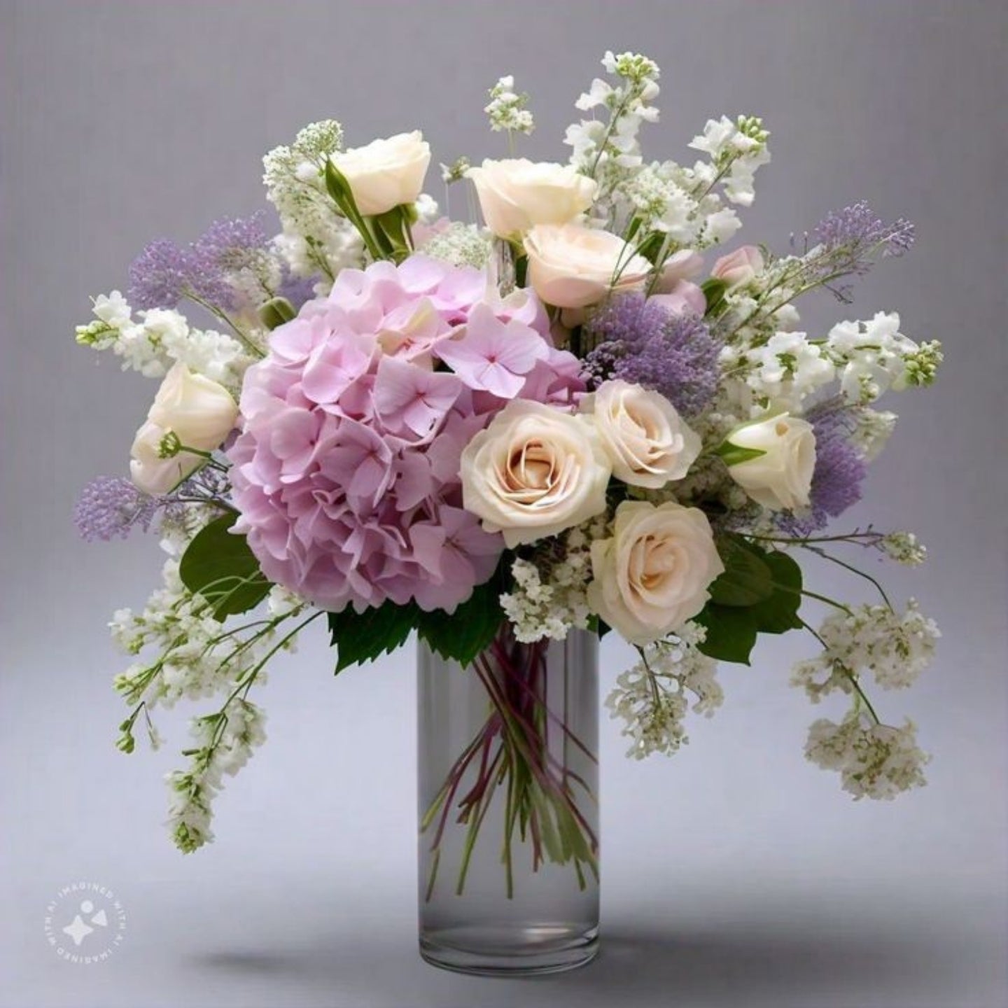 Bouquet of pink, white, and purple flowers in a clear vase on a gray background