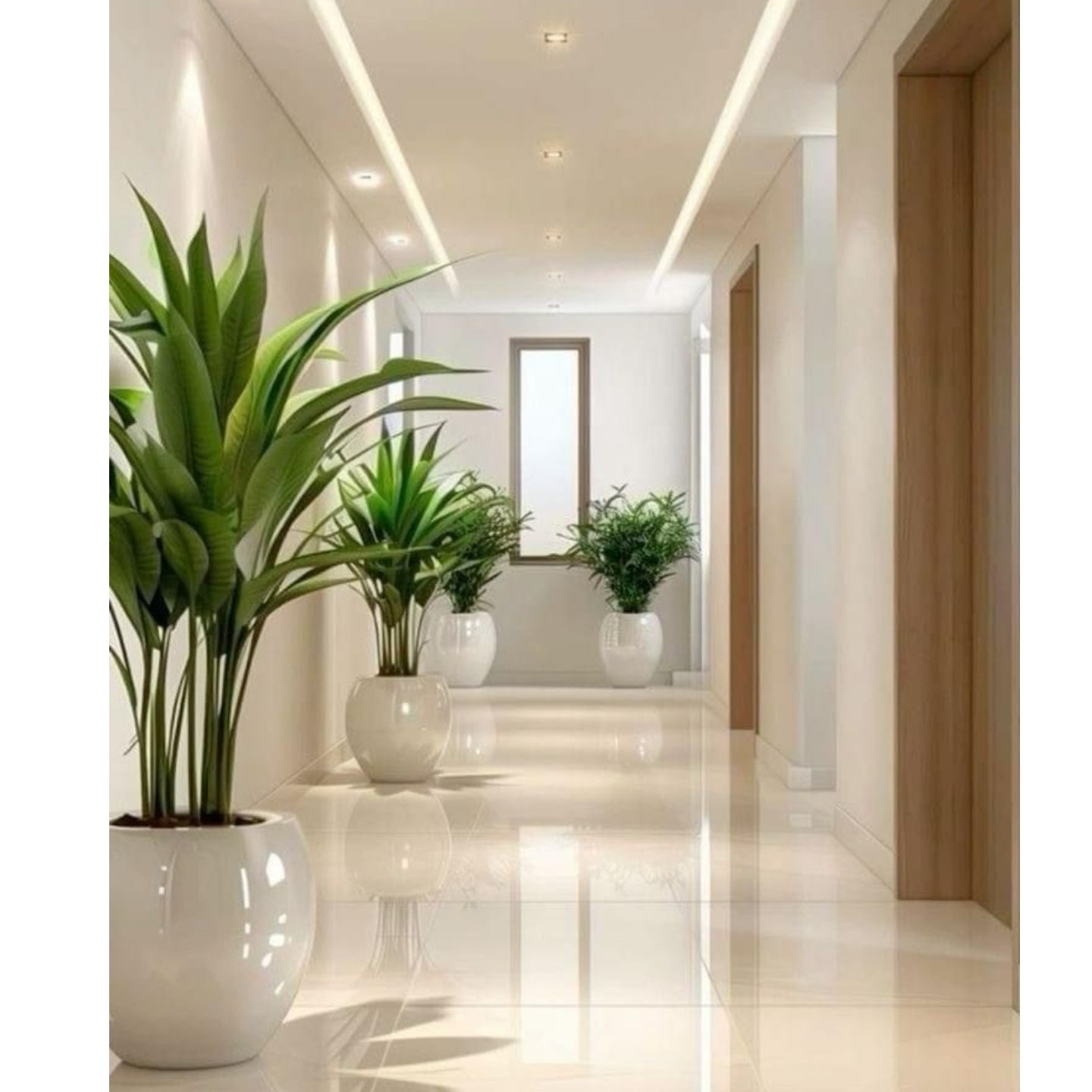 Modern hallway with decorative plants in white pots