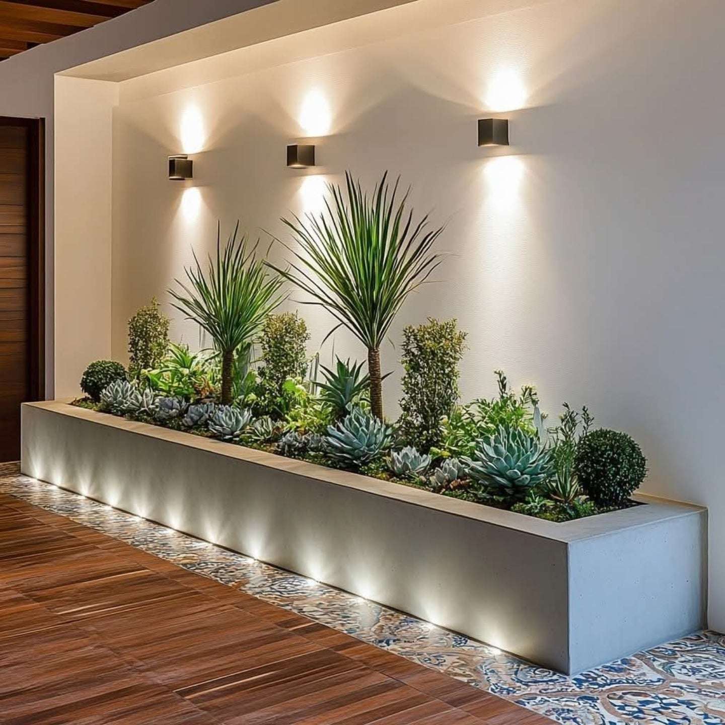 Modern outdoor garden with plants and wall lights in a home setting