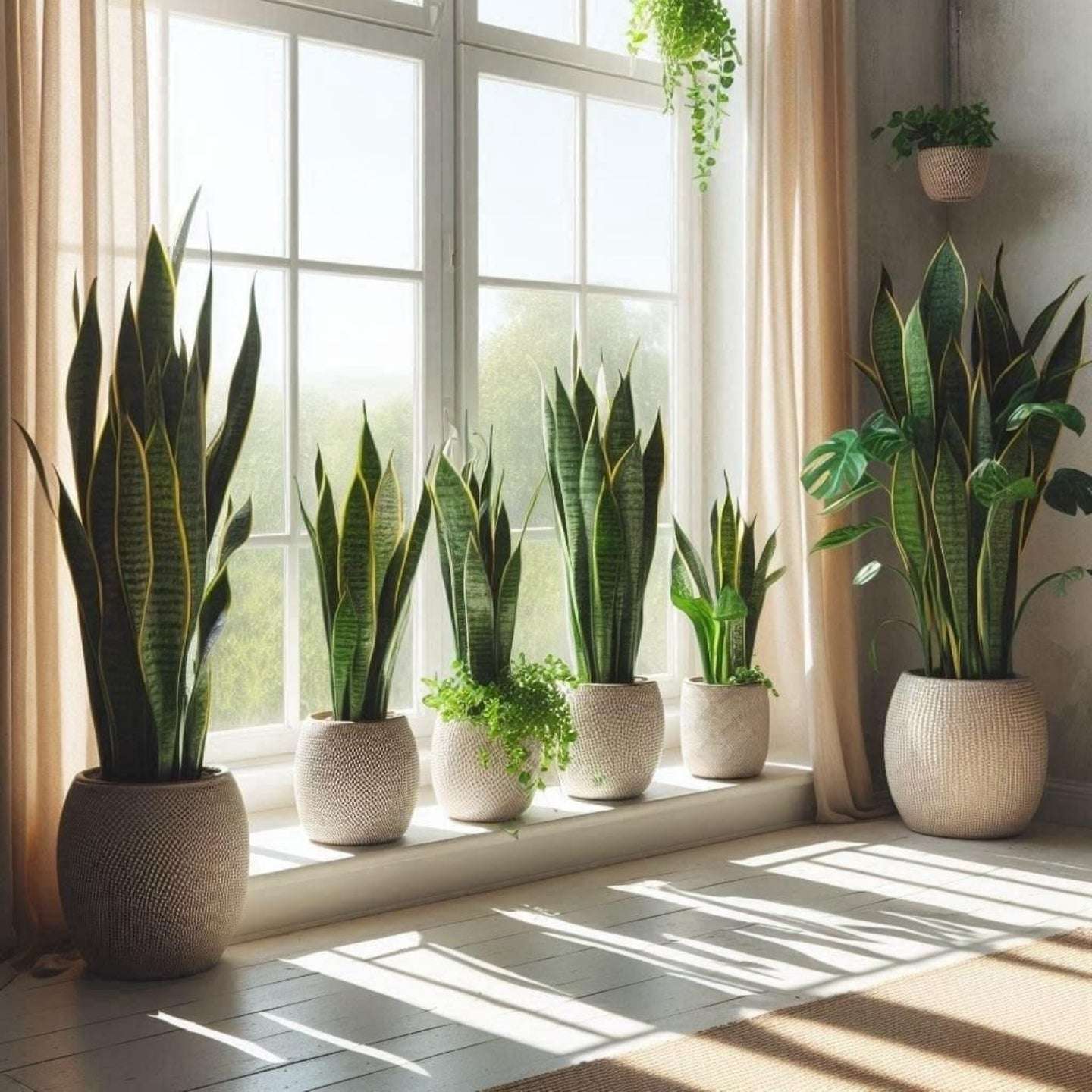 Row of potted snake plants on a windowsill with natural light.