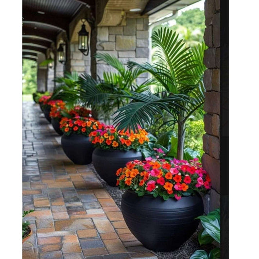 Row of black planters with colorful flowers on a stone patio