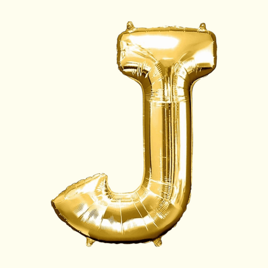Gold letter 'J' balloon on a white background