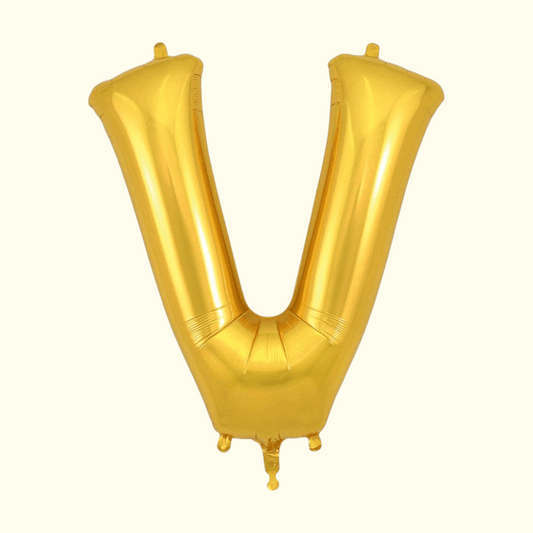 Gold letter 'V' balloon on a white background