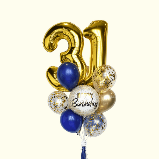 Gold, blue, and silver balloons with a number 31 balloon on a white background