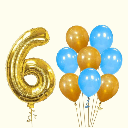 Gold number 6 balloon and blue and gold party balloons on a white background