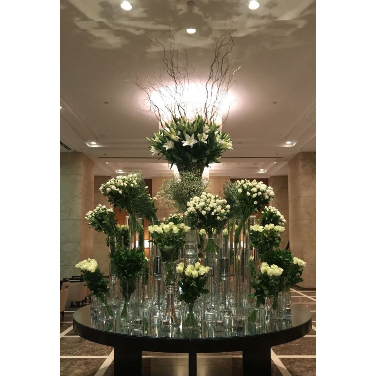 Decorative floral arrangement on a table in an indoor setting
