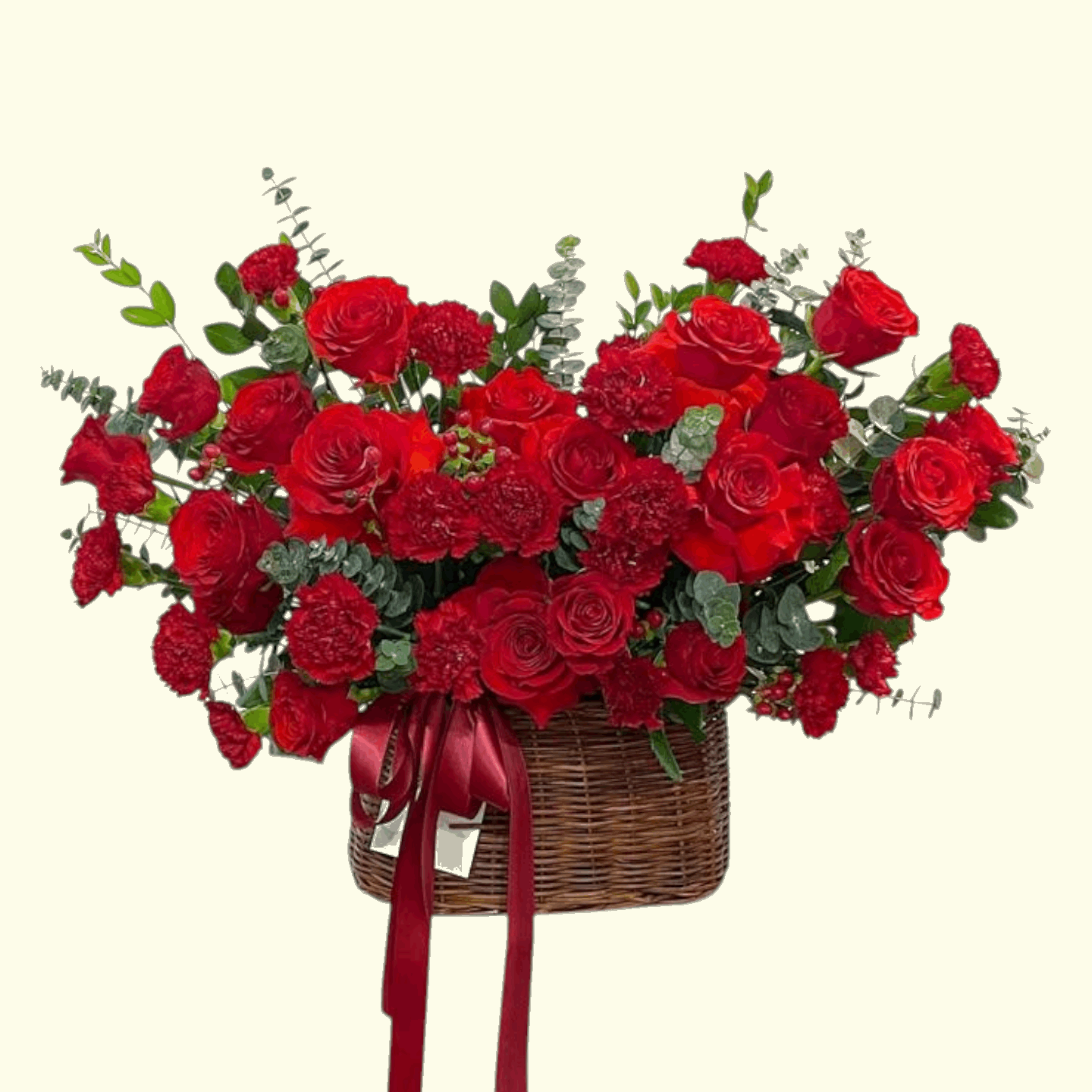 Red Roses and Green Leaf basket 