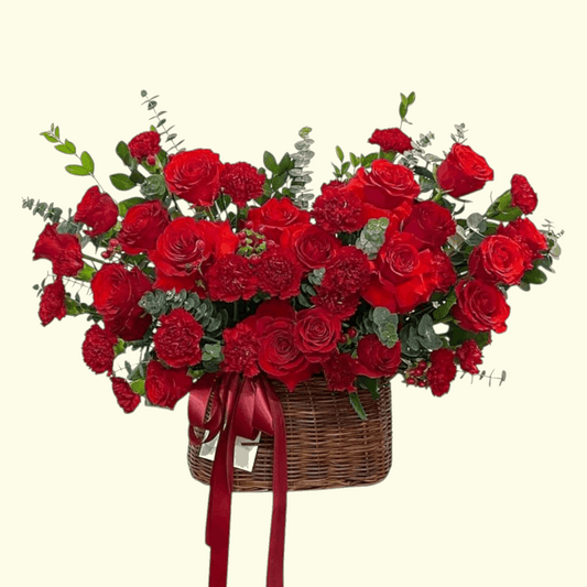 Red Roses and Green Leaf basket 